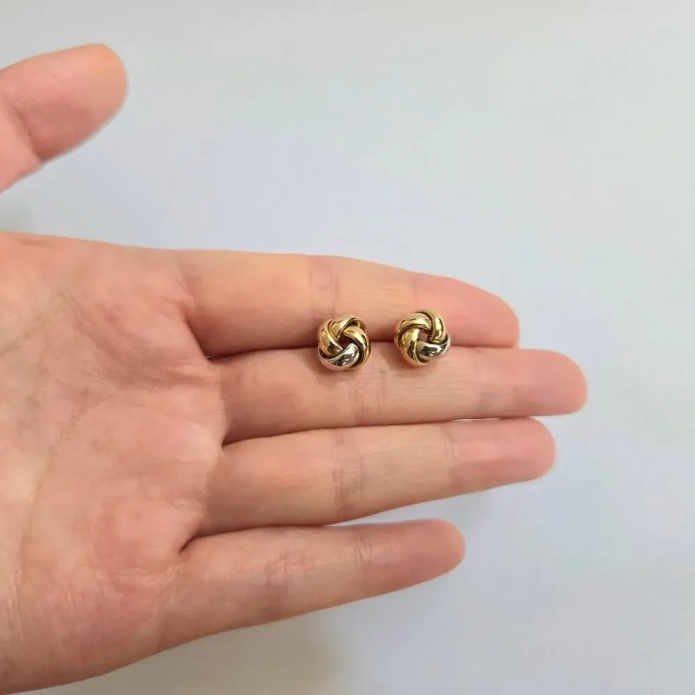 Tri Tone 14K Solid Gold Love Knot Stud Earrings